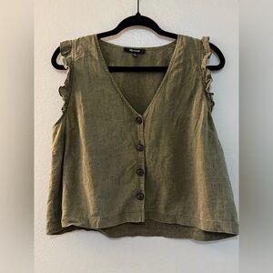 Madewell Linen Blend Ruffle Sleeve Button Front Top Olive Green 10